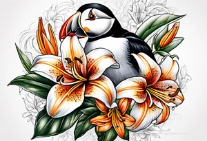 puffin tiger lily flowers vertical calf tattoo tattoo idea