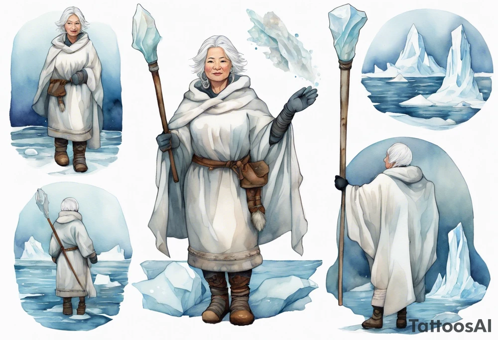 a middle aged Inuit woman with white hair, wearing mittens, mukluks, and a white cloak. Holding a white staff. Standing on an iceberg in the sea tattoo idea