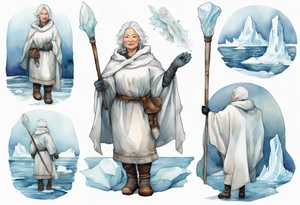 a middle aged Inuit woman with white hair, wearing mittens, mukluks, and a white cloak. Holding a white staff. Standing on an iceberg in the sea tattoo idea