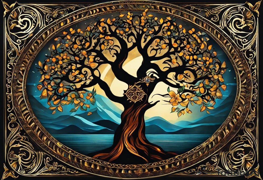 The tattoo should have a family tree where the date of birth of my children can be seen. There are supposed to be several swords over this family tree like the Damaglos, which is supposed to show attacks on my family. A symbol that shows the protection and strength of us would also be good. The death of my mother in 2018 should also be found tattoo idea