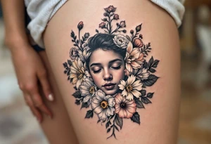 A row of birth flowers with the son’s portrait in the center, highlighted in full color, while others are shaded in black. tattoo idea