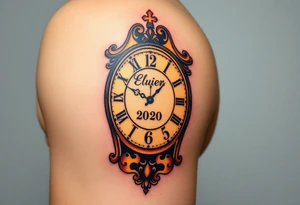 A timeless grandfather clock with delicate engravings, with the birth time and date "02. 03. 2020" glowing in soft golden light, in warm sepia and gold hues tattoo idea