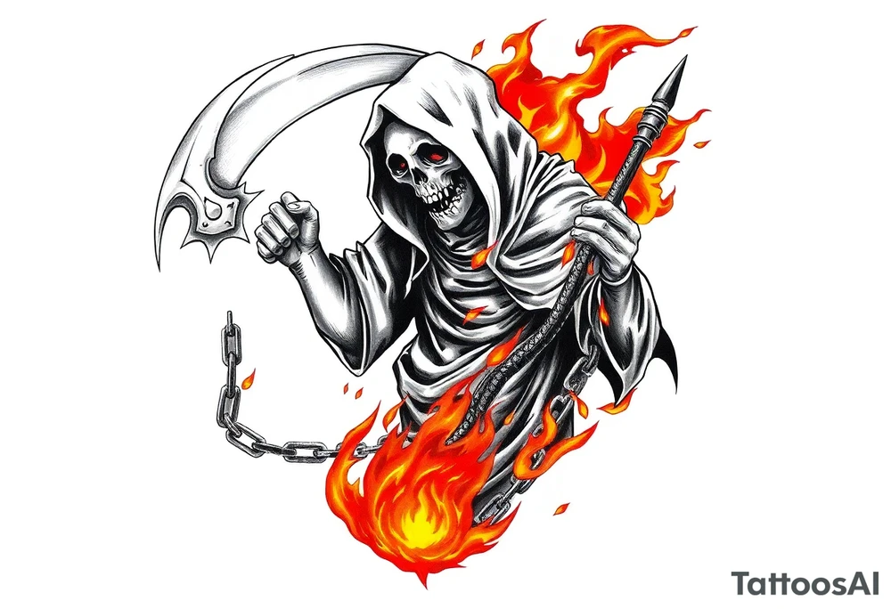 Grim reaper on fire with chain tattoo idea