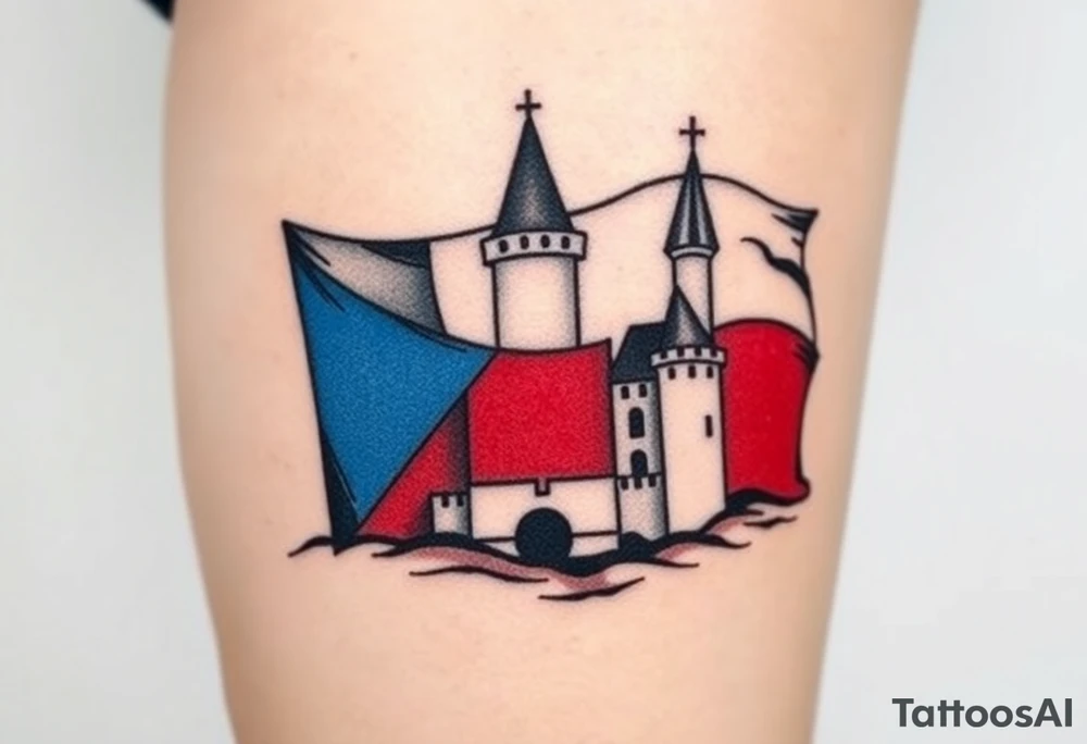 A Czech flag (blue, white up, red down) waving behind a medieval castle tattoo idea