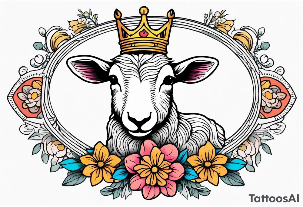 old school vintage traditional style design of lamb with crown on head and vintage flowers surrounding it bold color tattoo idea
