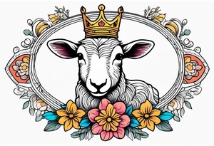 old school vintage traditional style design of lamb with crown on head and vintage flowers surrounding it bold color tattoo idea