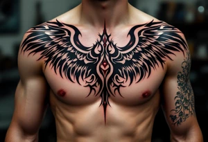 Bold gothic lettering in deep crimson ink, flanked by black raven wings spreading outward on the chest. tattoo idea