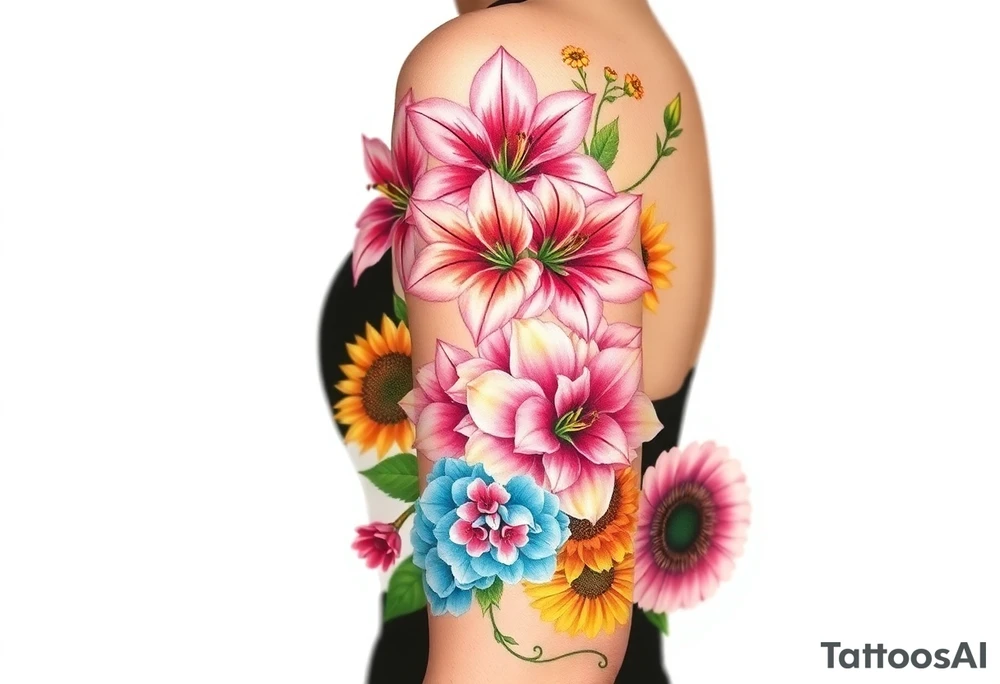 6 pink vintage star gazer lillies some yellow some red wild roses and sunflowers and hydrangea tattoo idea