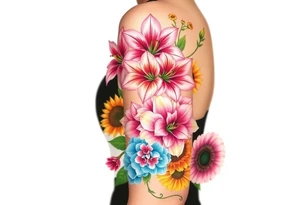 6 pink vintage star gazer lillies some yellow some red wild roses and sunflowers and hydrangea tattoo idea