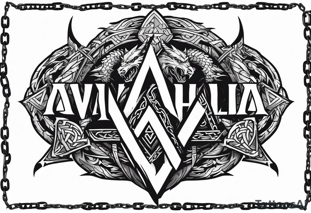 Valhalla sword shield dragon axe Valknut barbed wire chains tattoo idea Valhalla sword shield dragon axe Valknut barbed wire chains tattoo idea