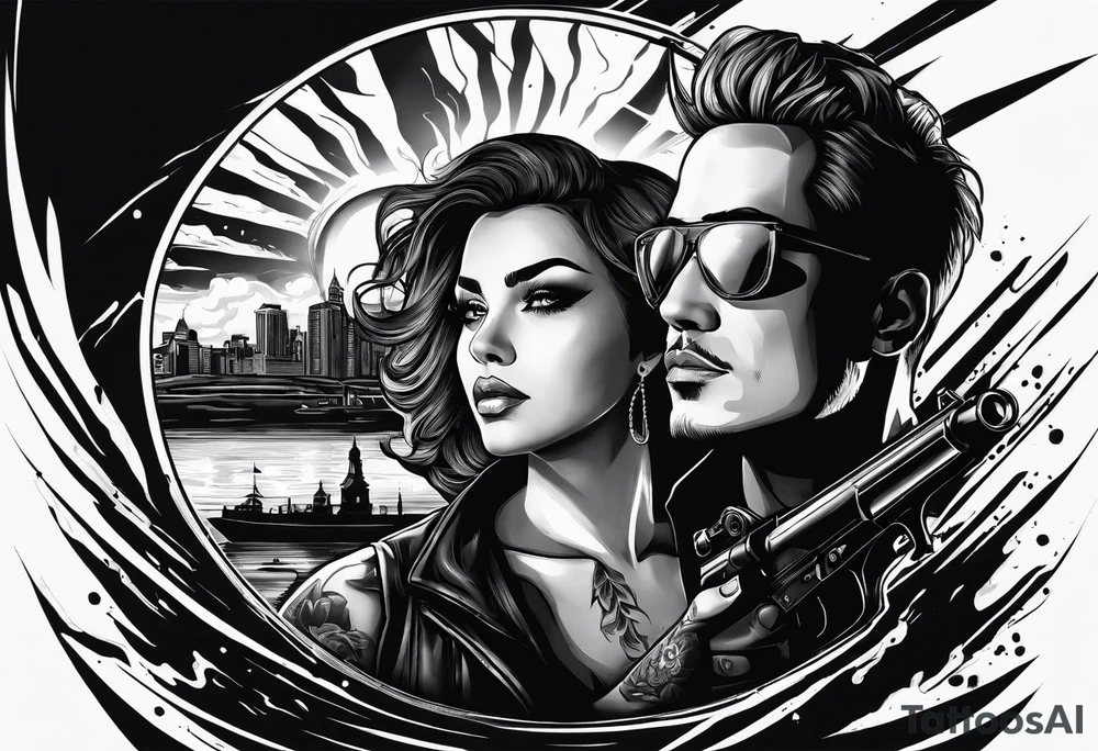 In the reflection of a eye two black siloets of people holding guns one man dead on the ground with a wounded woman standing behind him tattoo idea