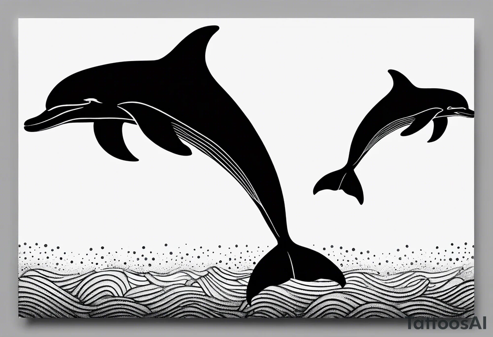 simple dolphin silhouette, in soft gray tone, stippled shading, little bit of dotwork, white background tattoo idea
