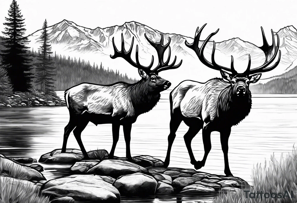 male and female elk near water with mountain landscape in the background tattoo idea