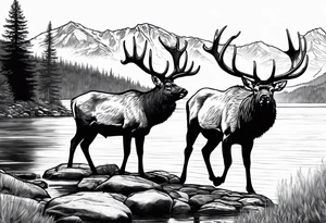 male and female elk near water with mountain landscape in the background tattoo idea