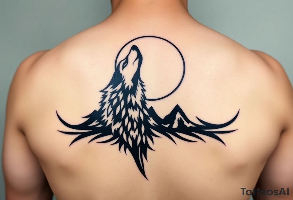 lone wolf howling at full moon with northern lights backdrop tattoo idea