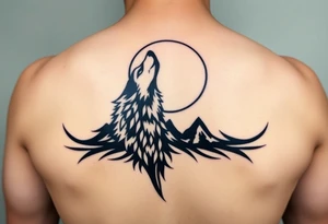 lone wolf howling at full moon with northern lights backdrop tattoo idea