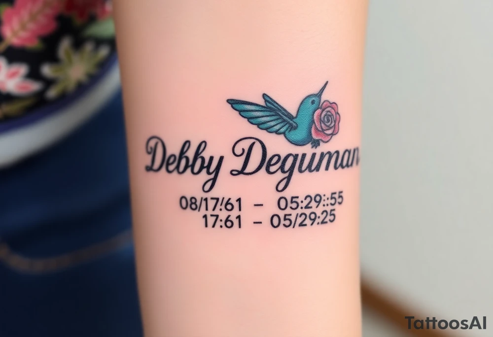 Tattoo of the exact name Debby Deguzman in chunky bold curly cursive with the exact dates of 08/17/61-05/29/25 surrounded by 1 hummingbird and 1 rose tattoo idea