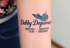 Tattoo of the exact name Debby Deguzman in chunky bold curly cursive with the exact dates of 08/17/61-05/29/25 surrounded by 1 hummingbird and 1 rose tattoo idea