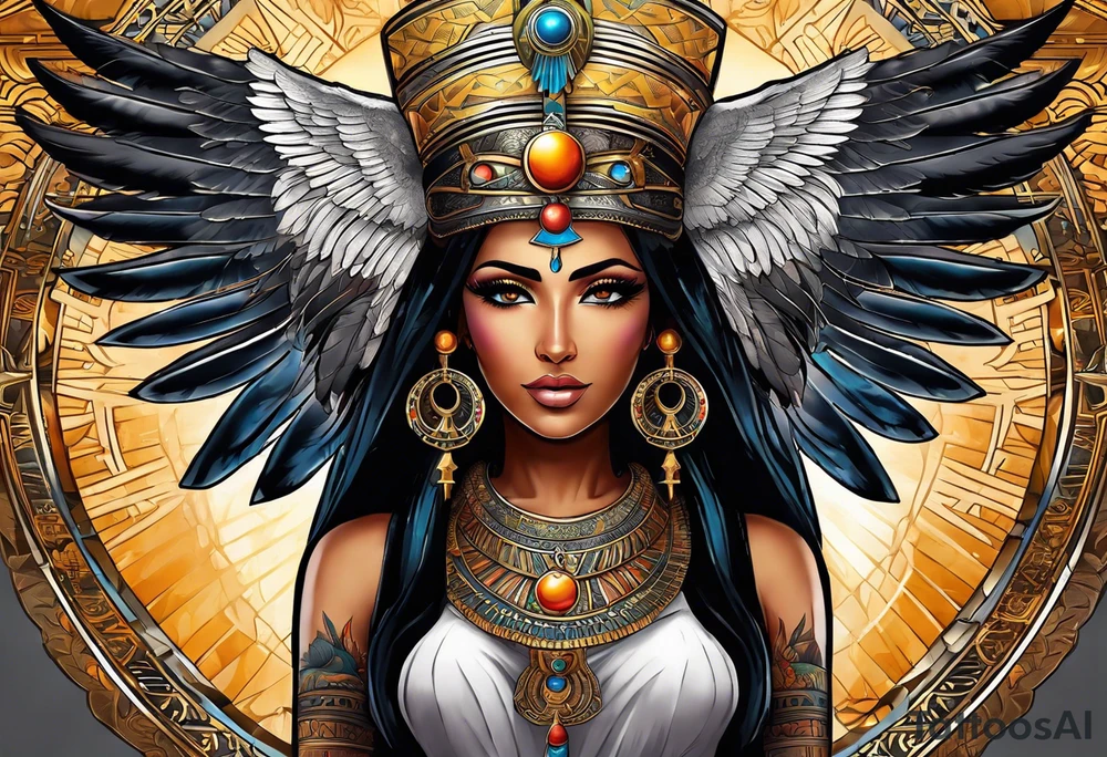 Isis (top center): With wings and the sun disc on her head, holding the ankh. tattoo idea