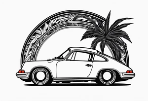 laurel wreath with porsche car inside and palm tree tattoo idea