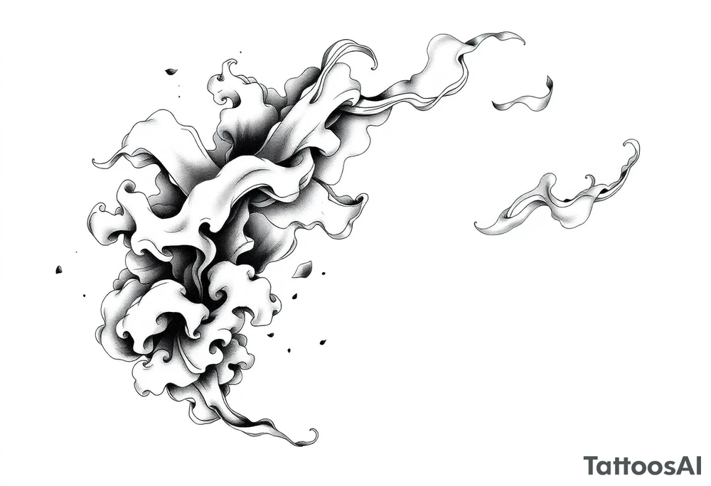 Tattoo sleeve filler using smoke, ash, and fragmented memory effects, organic flow wrapping around arm muscles, soft gradients, negative space, black and grey realism, seamless transitions between main tattoo elements. tattoo idea