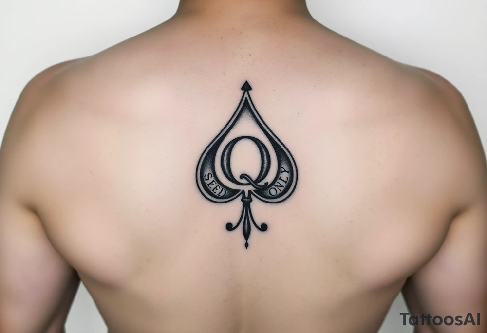 A spade womb tattoo with a Q in the center, with three points around the outside. The first reading, "BLACK". The second reading, "SEED". The third reading, "ONLY". A tail at the bottom of the spade. tattoo idea