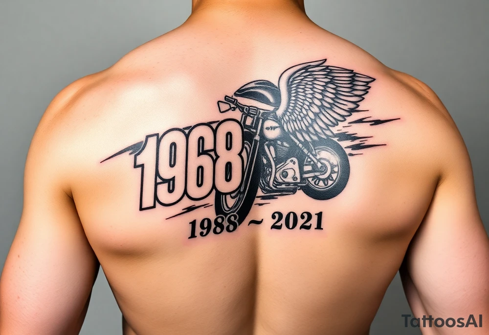 Dale Earnhardt car on it with the year 1958 - 2021 intertwined with a motorcycle on it with guardian angel wolves tattoo idea