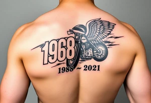 Dale Earnhardt car on it with the year 1958 - 2021 intertwined with a motorcycle on it with guardian angel wolves tattoo idea