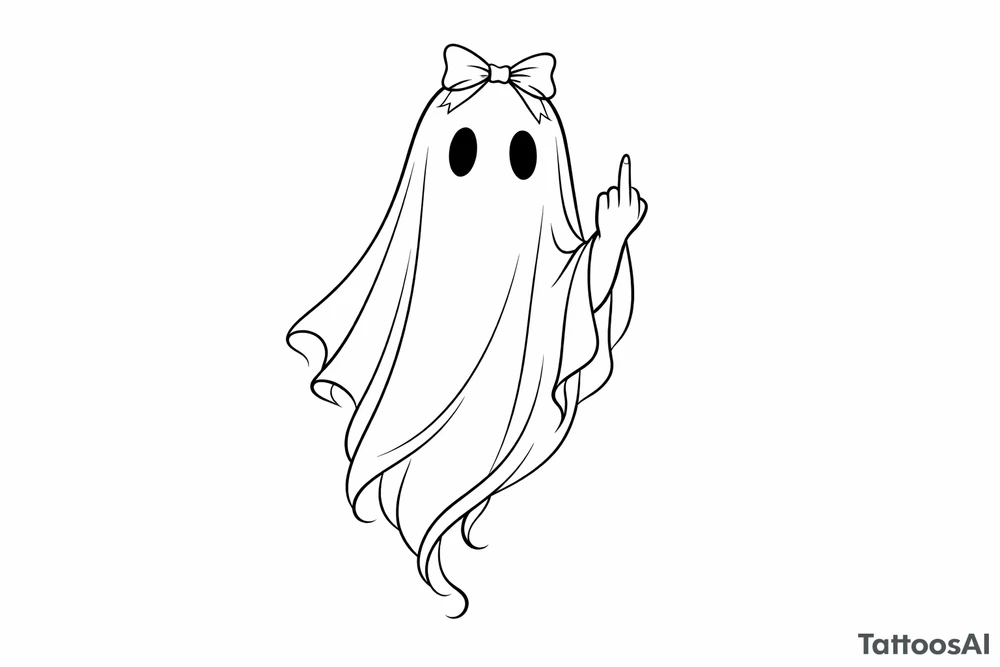 Tall girly ghost line work with middle finger up and bow on head tattoo idea
