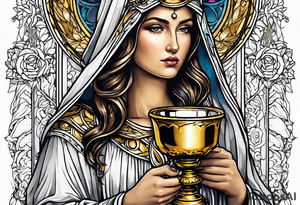 holy saint woman turned away with golden halo holding a chalice tattoo idea
