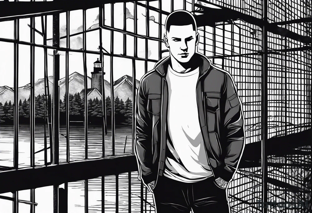 A tattoo inspired by the series Prison Break in which Michael Scofield is the main character in the tattoo, his brother and the other characters appear as well as the landscape of the Fox River prison and all that tattoo idea