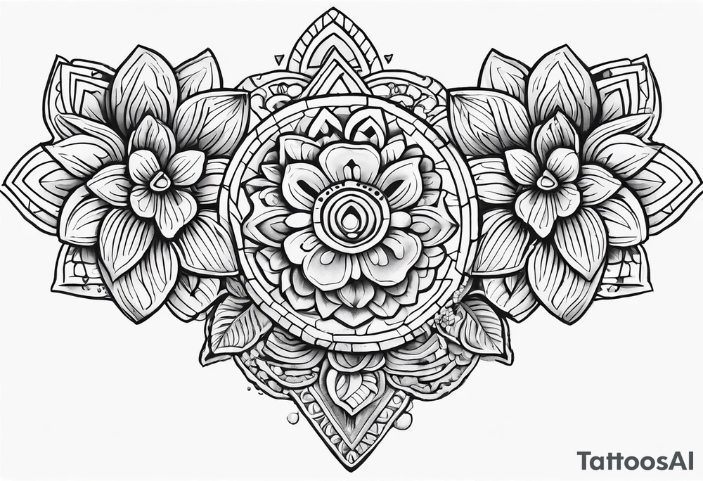 Create a masculine aztec tattoo design carved in stone featuring three flower buds of Gypsophila spp. tattoo idea