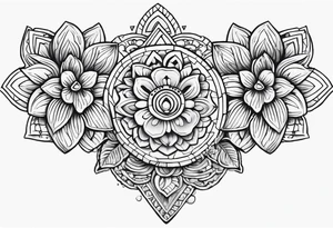 Create a masculine aztec tattoo design carved in stone featuring three flower buds of Gypsophila spp. tattoo idea