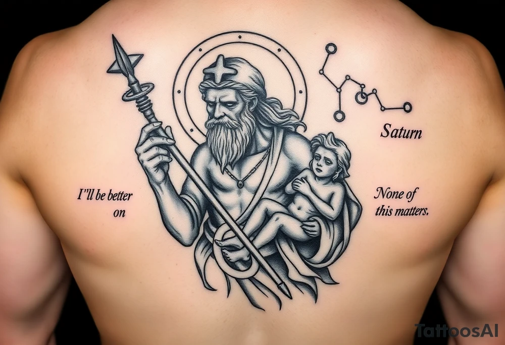 a tattoo design of the Greek God Saturn but older and nearly dying holding a spear with the astrology Saturn symbol as the spear head, in his other arms cradling a twin dying younger version of himself. The gemini constellation is in the background behind the Saturn Gods. The words "I'll be better on Saturn" on one side and "None of this matters" on the other side tattoo idea