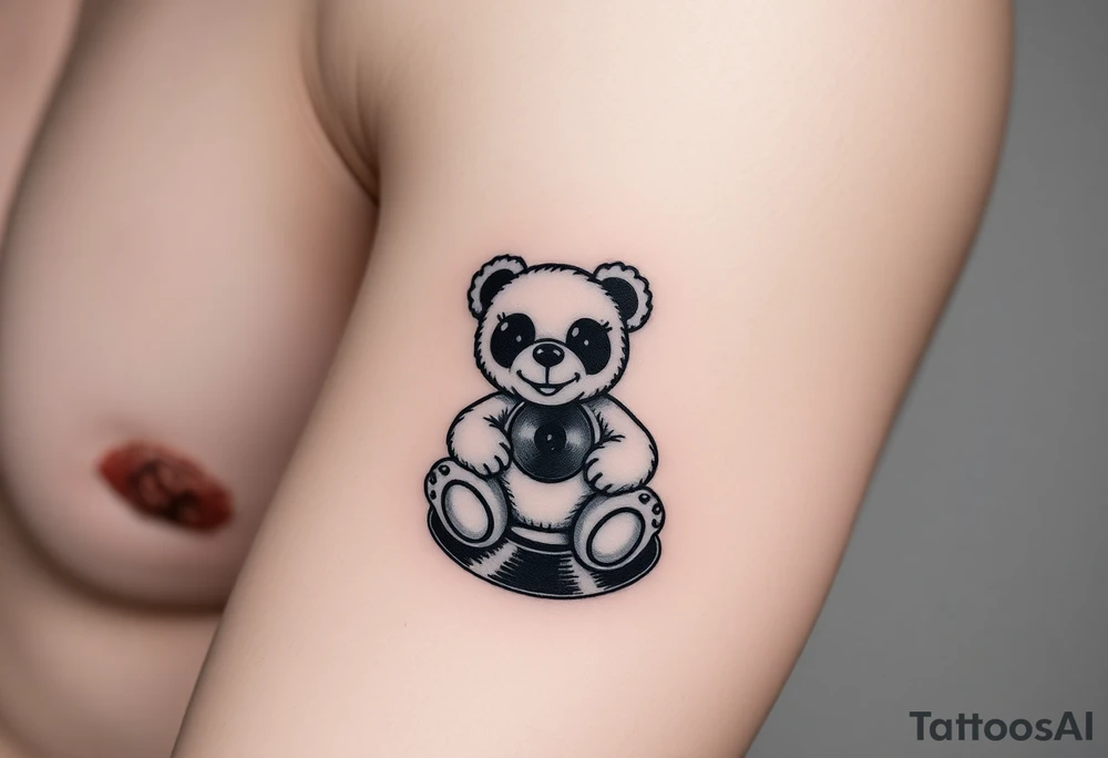 minimalist teddy bear with vinyl records as eyes smiling and sitting on a record tattoo idea