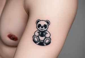 minimalist teddy bear with vinyl records as eyes smiling and sitting on a record tattoo idea