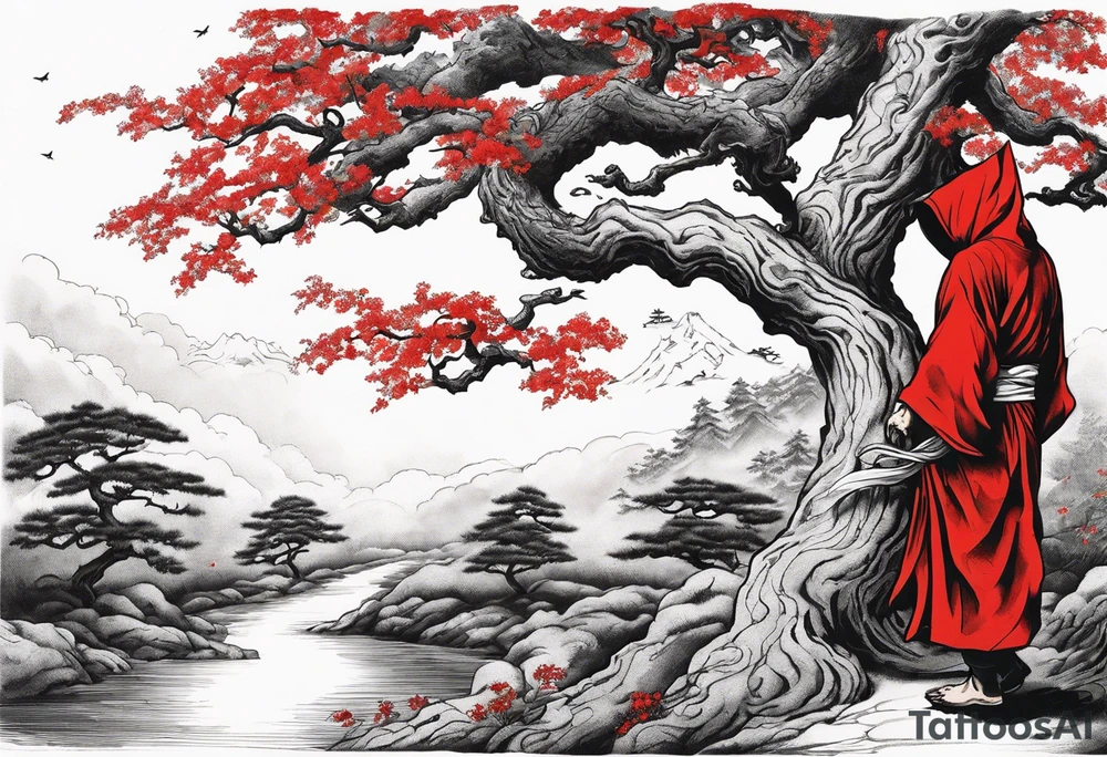 Three of bows.  Hooded man in white. Right hand up. Left hand holding a bow. A one red and one white snake intertwining going up the front of the robe. Large oak tree behind him. And two paths going around him and the tree. tattoo idea