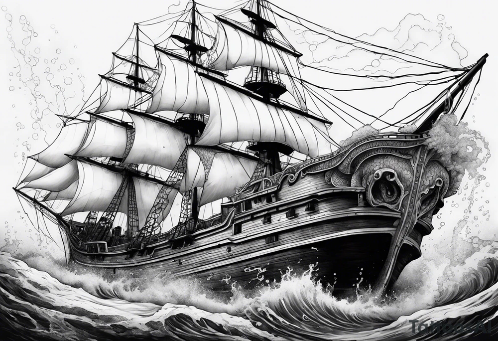 Pulpo gigante destruyendo un barco desde debajo del agua tattoo idea