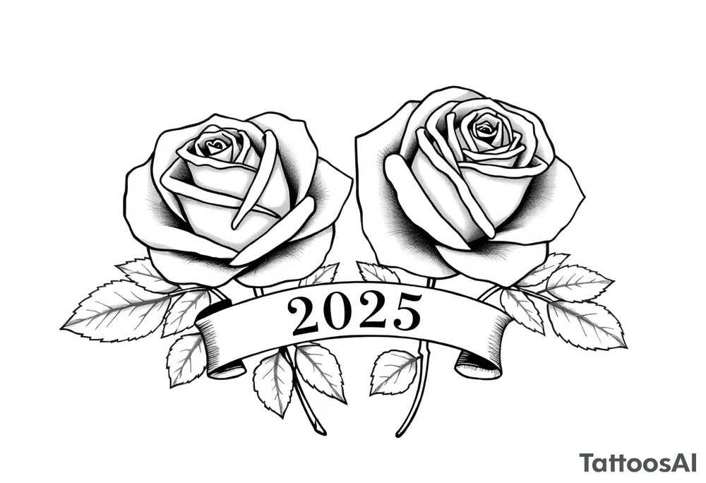 two beautiful large rose buds, one larger than the other, with many leaves next to the rose buds, with one sitting slightly higher than the other, side-by-side.  Include a banner connecting the two roses with the year 2025 on it.   Use dark outlines with little shading. No stems tattoo idea