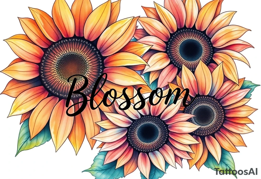 Sunflowers with “Blossom” written through the middle of them tattoo idea