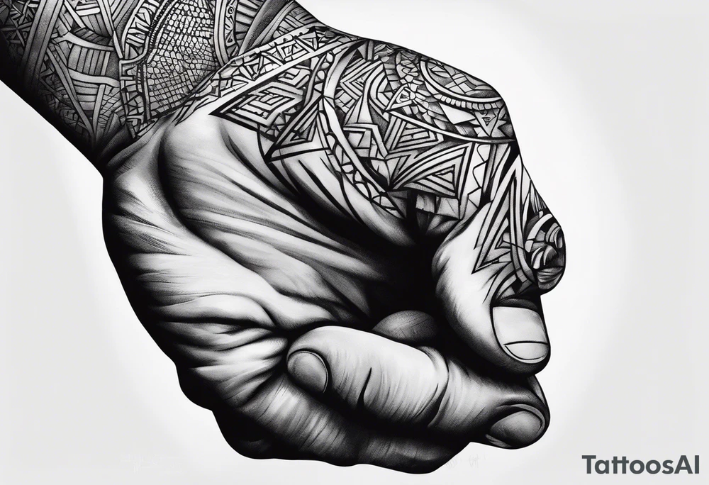 A clenched fist, the hand contains five fingers as specified, the tattoo is a back tattoo using negative space drawing techniques tattoo idea