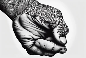 A clenched fist, the hand contains five fingers as specified, the tattoo is a back tattoo using negative space drawing techniques tattoo idea