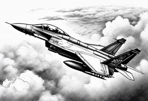 Fighter jet in the clouds with the date 09-07-2023 tattoo idea