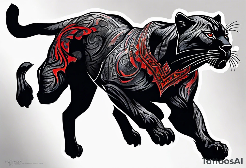 unique black panther tattoo, dynamic pose, showcasing its strength and grace, striking red eyes, intense and captivating elements, artistic flair, blending realism with abstract elements tattoo idea