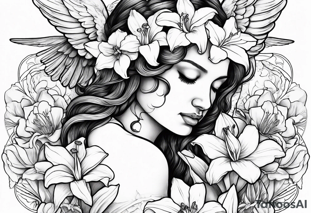 crying angel with head tilted down surrounded by lily, daffodil, rose, daisy, narcissus holding a hummingbird tattoo idea