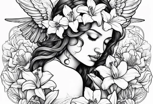 crying angel with head tilted down surrounded by lily, daffodil, rose, daisy, narcissus holding a hummingbird tattoo idea