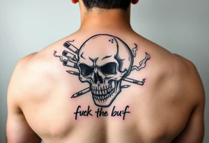 Graffiti type skull with markers and nibs behind it with smoke that says fuck the buff tattoo idea