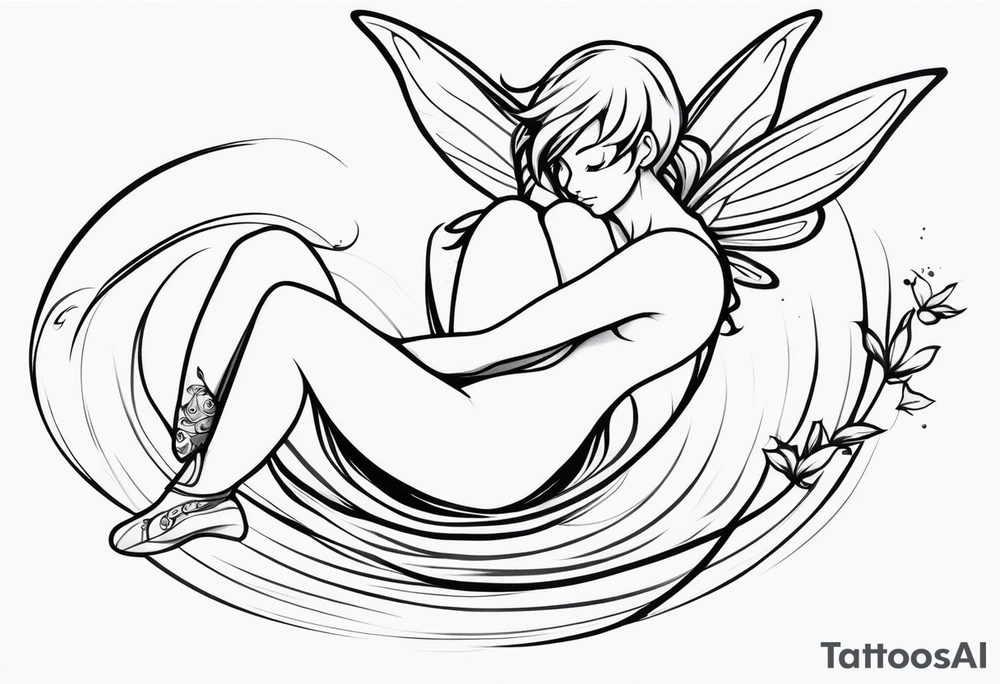 Minimalistic, monochromatic fairy with a tail flying to the left in a fetal position, leaning and looking in the same direction, with visible hands, embodying the 'Fairy Tail' logo aesthetic. tattoo idea