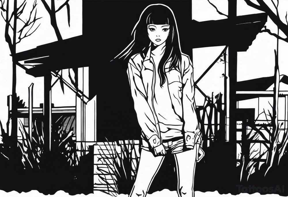 portrait of tomie standing up a character by the horror manga author junji ito full body standing murderously. add more horror and gore elements tattoo idea