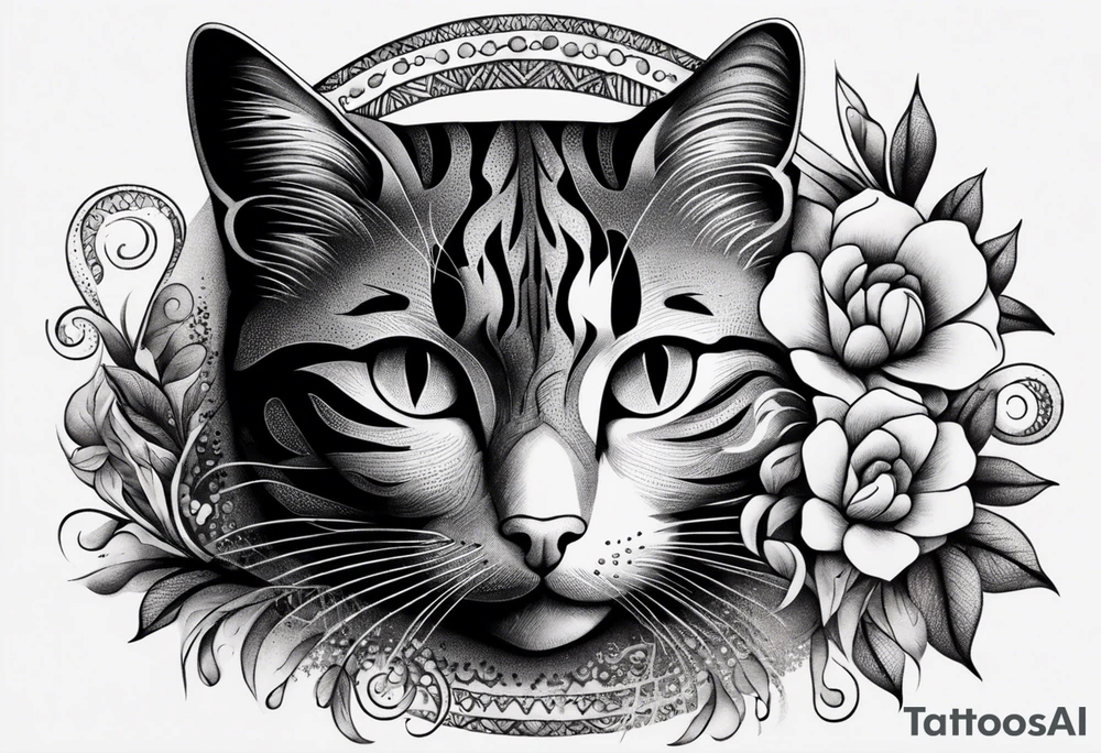 Illustrate a small tattoo of a tabby cat curled up, surrounded by gentle swirls or floral elements to enhance its cozy vibe tattoo idea